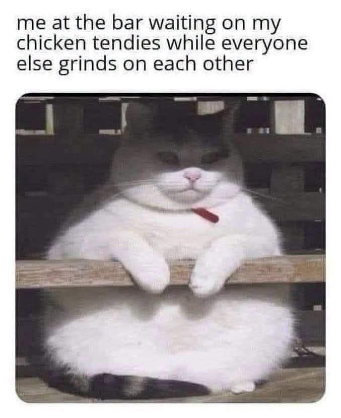 me at the bar waiting on my chicken tendies while everyone else grinds on each other