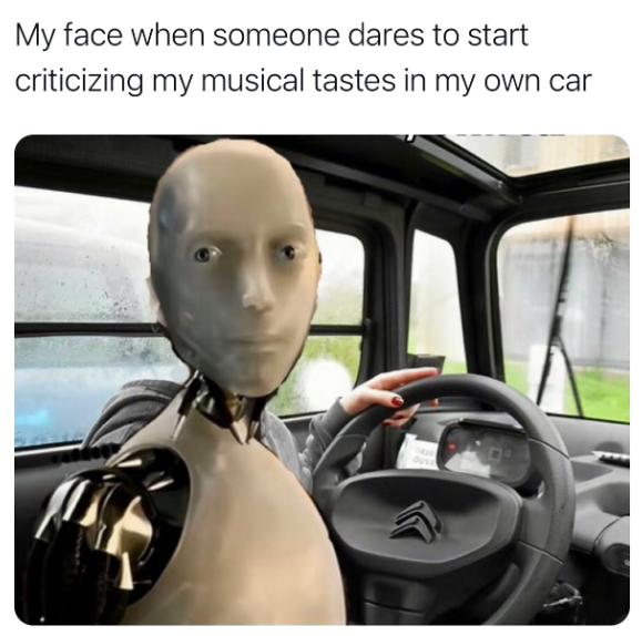 My face when someone dares to start criticizing my musical tastes in my own car