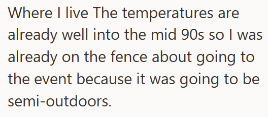 Where I live The temperatures are already well into the mid 90s so I was already on the fence about going to the event because it was going to be semi-outdoors.