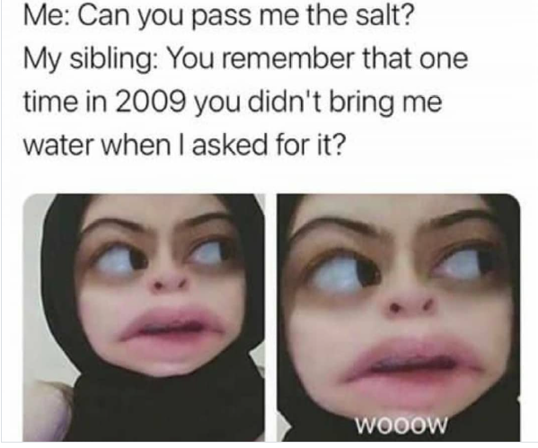 Me: Can you pass me the salt? My sibling: You remember that one time in 2009 you didn't bring me water when I asked for it? WOOOW