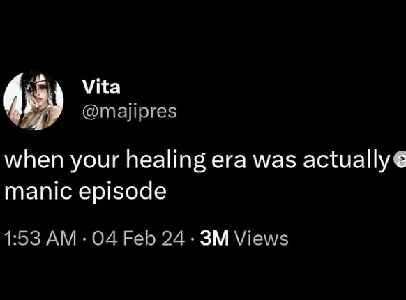Vita @majipres when your healing era was actually manic episode 1:53 AM - 04 Feb 24 3M Views