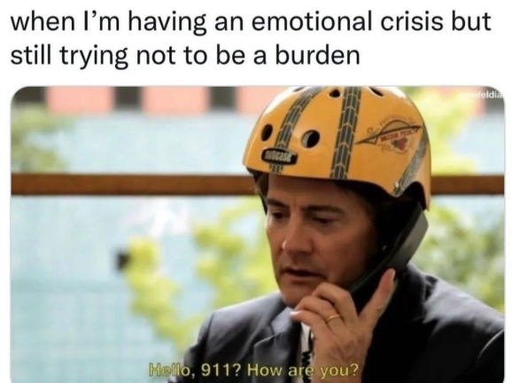 when I'm having an emotional crisis but still trying not to be a burden Hello, 911? How are you? mfeldia