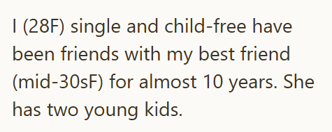 I (28F) single and child-free have been friends with my best friend (mid-30sF) for almost 10 years. She has two young kids.