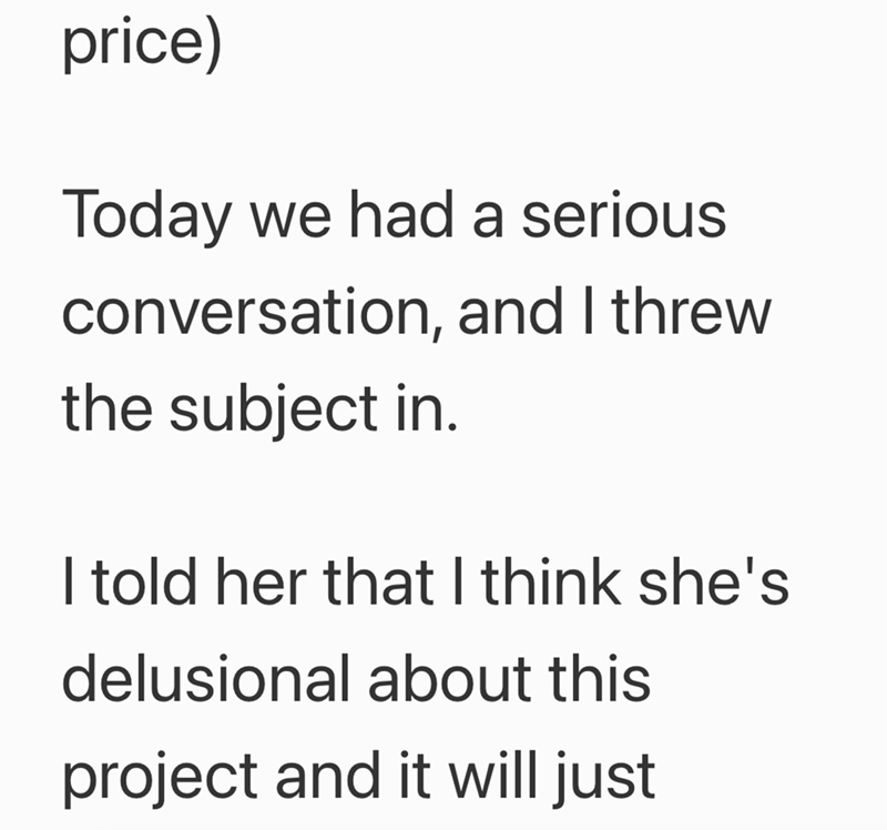 price) Today we had a serious conversation, and I threw the subject in. I told her that I think she's delusional about this project and it will just