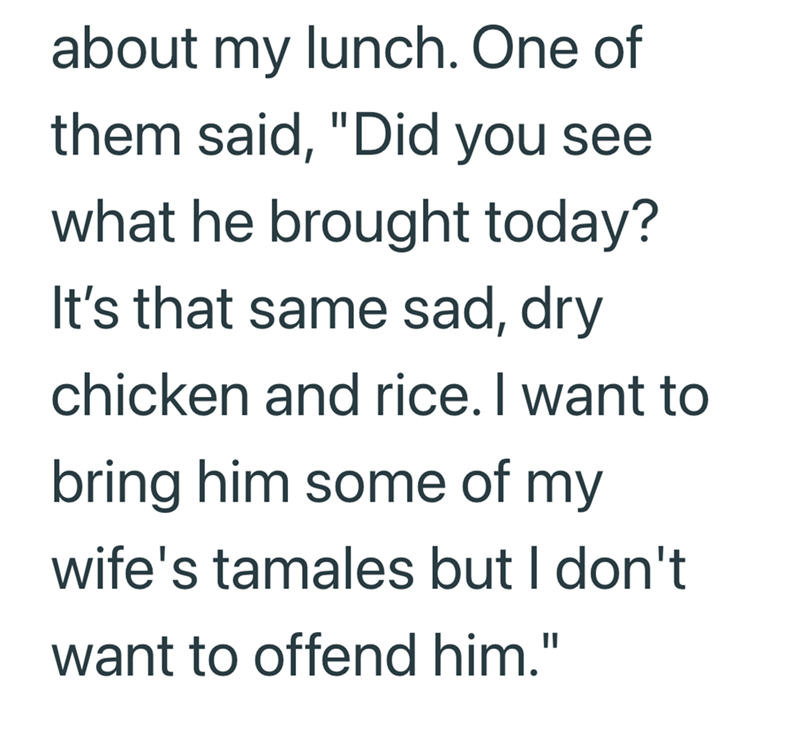 about my lunch. One of them said, "Did you see what he brought today? It's that same sad, dry chicken and rice. I want to bring him some of my wife's tamales but I don't want to offend him."