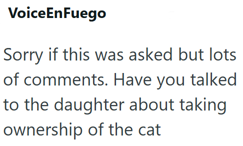 VoiceEnFuego Sorry if this was asked but lots of comments. Have you talked to the daughter about taking ownership of the cat