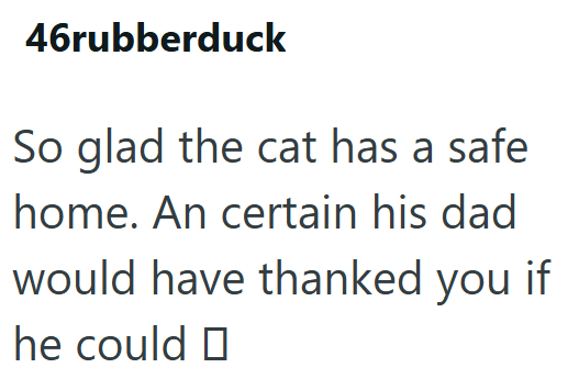 46rubberduck So glad the cat has a safe home. An certain his dad would have thanked you if he could