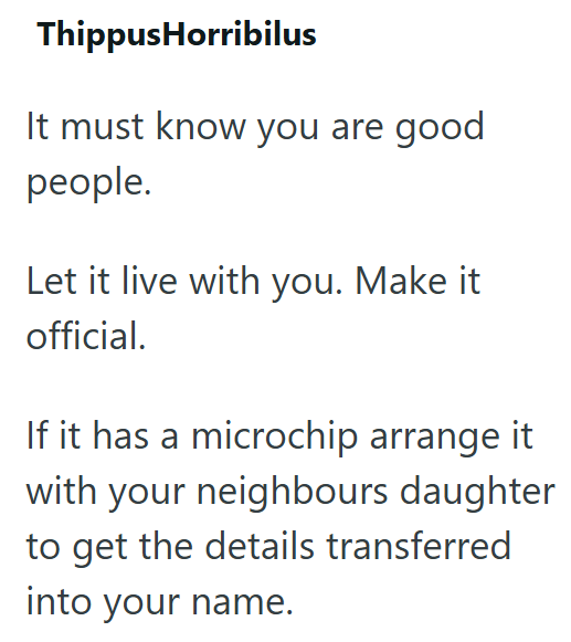 ThippusHorribilus It must know you are good people. Let it live with you. Make it official. If it has a microchip arrange it with your neighbours daughter to get the details transferred into your name.