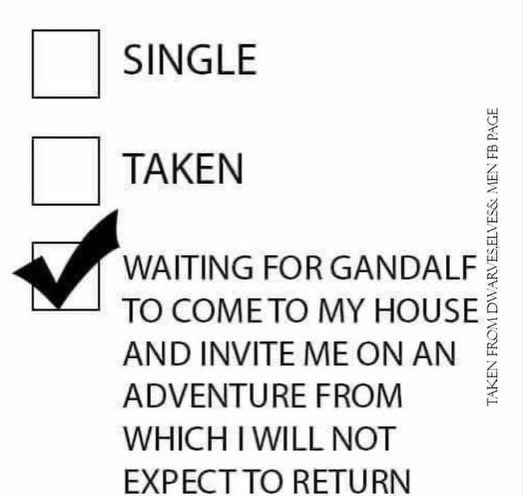 SINGLE TAKEN WAITING FOR GANDALF TO COME TO MY HOUSE AND INVITE ME ON AN ADVENTURE FROM WHICH I WILL NOT EXPECT TO RETURN TAKEN FROM DWARVES,ELVES& MEN FB PAGE