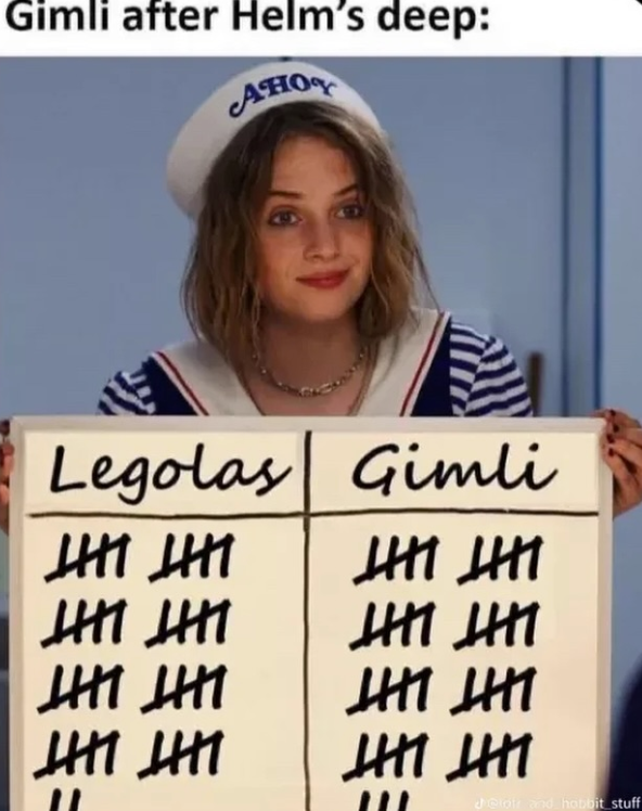 Gimli after Helm's deep: AHOY Legolas Gimli Т П Т П Т Т П cheoir and hobbit stuff