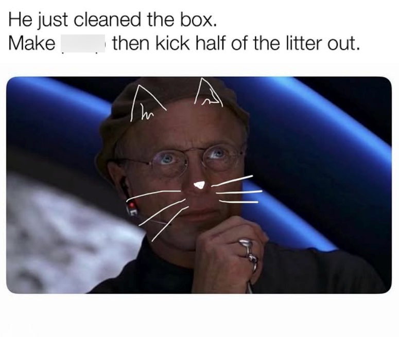He just cleaned the box. Make then kick half of the litter out.