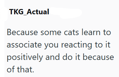 TKG_Actual Because some cats learn to associate you reacting to it positively and do it because of that.