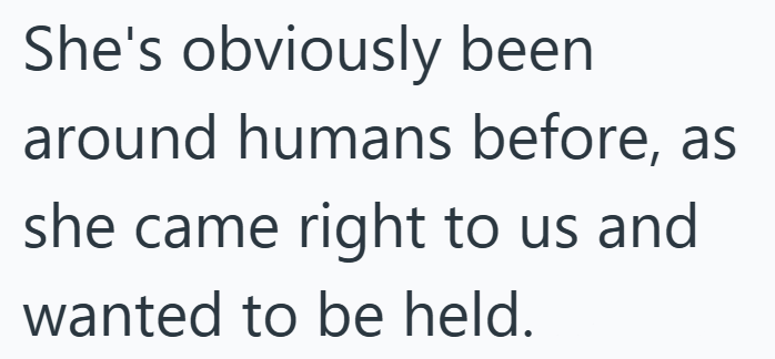 She's obviously been around humans before, as she came right to us and wanted to be held.