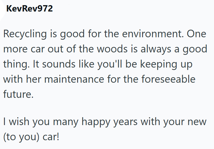 KevRev972 Recycling is good for the environment. One more car out of the woods is always a good thing. It sounds like you'll be keeping up with her maintenance for the foreseeable future. I wish you many happy years with your new (to you) car!