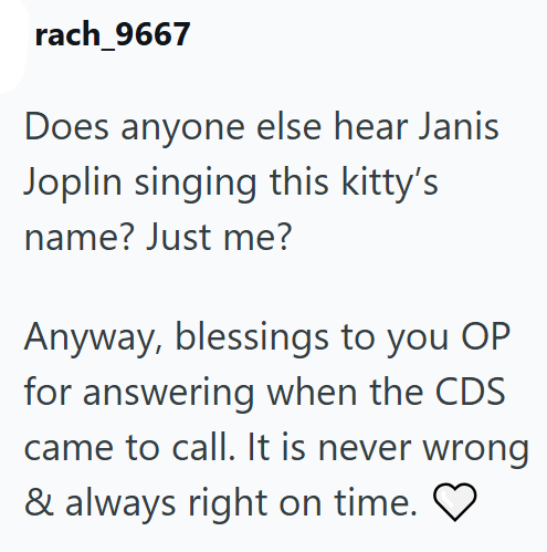 rach_9667 Does anyone else hear Janis Joplin singing this kitty's name? Just me? Anyway, blessings to you OP for answering when the CDS came to call. It is never wrong & always right on time.