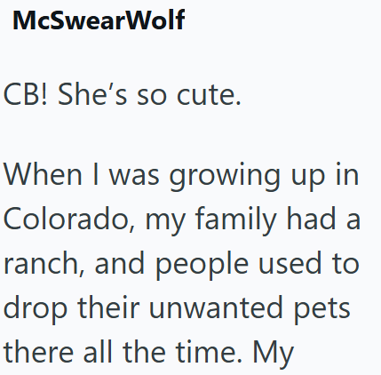McSwearWolf CB! She's so cute. When I was growing up in Colorado, my family had a ranch, and people used to drop their unwanted pets there all the time. My