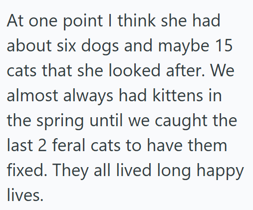 At one point I think she had about six dogs and maybe 15 cats that she looked after. We almost always had kittens in the spring until we caught the last 2 feral cats to have them fixed. They all lived long happy lives.