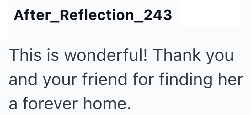 After_Reflection_243 This is wonderful! Thank you and your friend for finding her a forever home.