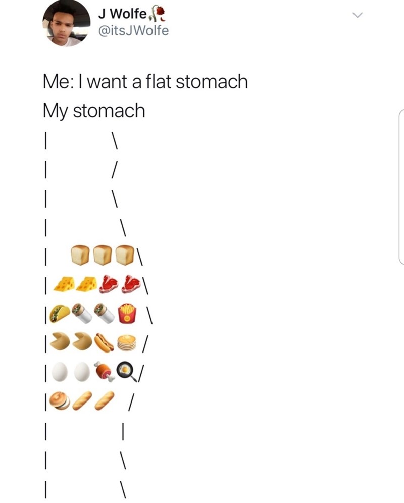 J Wolfe, @itsJWolfe | Me: I want a flat stomach My stomach >