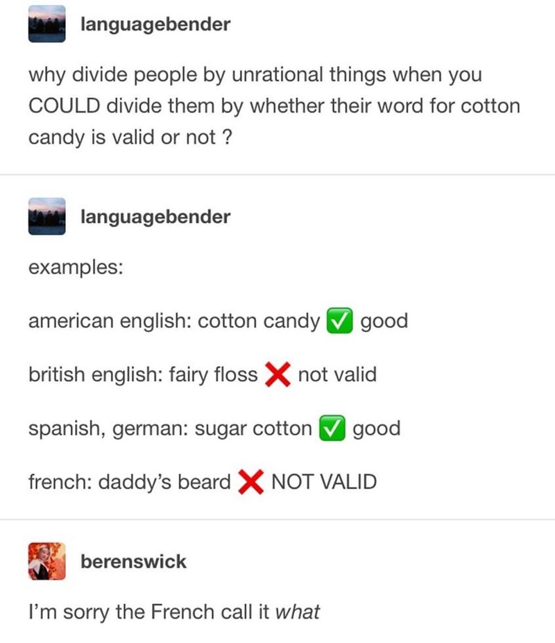 languagebender why divide people by unrational things when you COULD divide them by whether their word for cotton candy is valid or not? languagebender examples: american english: cotton candy good british english: fairy floss ✓ not valid spanish, german: sugar cotton good french: daddy's beard ☑ NOT VALID berenswick I'm sorry the French call it what