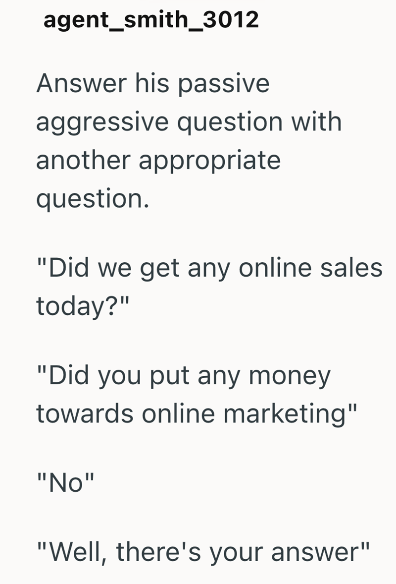 agent_smith_3012 Answer his passive aggressive question with another appropriate question. "Did we get any online sales today?" "Did you put any money towards online marketing" "No" "Well, there's your answer"