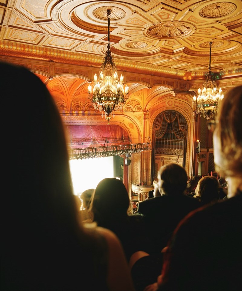 Various heads blocking the view of a play from the short person sitting behind them.