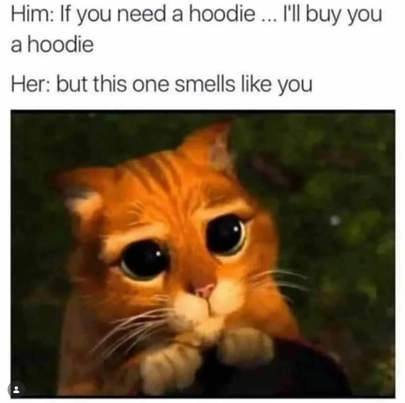 Him: If you need a hoodie... I'll buy you a hoodie Her: but this one smells like you