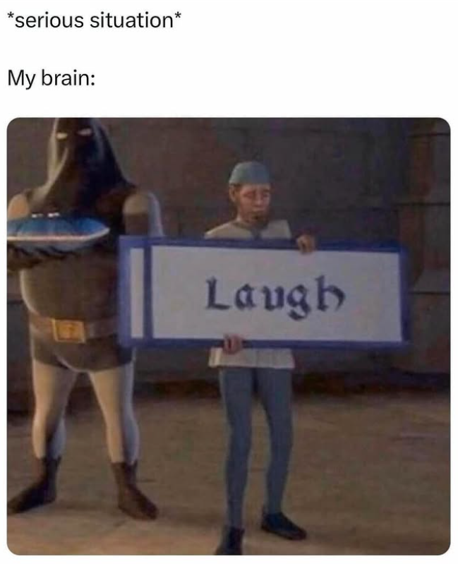 *serious situation* My brain: Laugh
