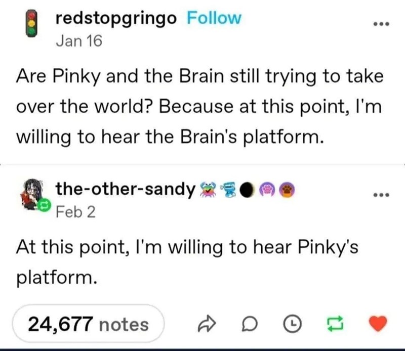 redstopgringo Follow Jan 16 Are Pinky and the Brain still trying to take over the world? Because at this point, I'm. willing to hear the Brain's platform. the-other-sandy Feb 2 At this point, I'm willing to hear Pinky's platform. 24,677 notes D