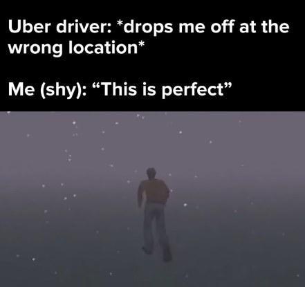 Uber driver: *drops me off at the wrong location* Me (shy): "This is perfect"