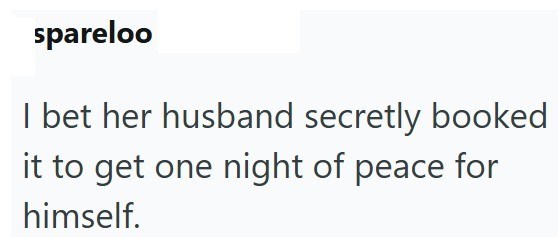 spareloo I bet her husband secretly booked it to get one night of peace for himself.