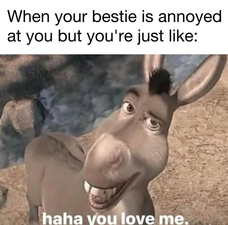 When your bestie is annoyed at you but you're just like: haha you love me.
