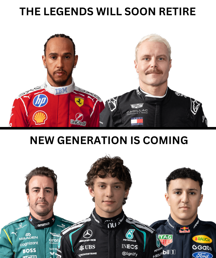 THE LEGENDS WILL SOON RETIRE hp IBM CADILLAC FORMULA 1 TEAM IFS UniCredit NEW GENERATION IS COMING MAADEN cognizant BOSS aramco pepper aran FORMULA H ՈՍ sword DAMA AMG UBS CROWDSTRIKE PETRONAS INEOS Signify TAG PETRONA EUER +SOLERbil1 Red Bull RAUCH CGate Ford