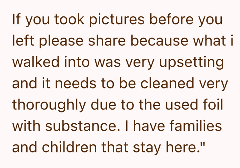 If you took pictures before you left please share because what i walked into was very upsetting and it needs to be cleaned very thoroughly due to the used foil with substance. I have families and children that stay here."