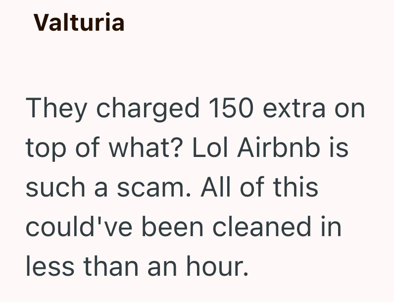 Valturia They charged 150 extra on top of what? Lol Airbnb is such a scam. All of this could've been cleaned in less than an hour.