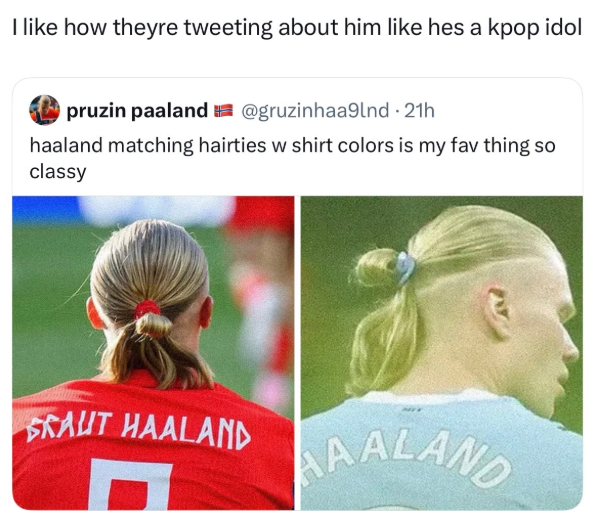I like how theyre tweeting about him like hes a kpop idol pruzin paaland @gruzinhaa9lnd - 21h haaland matching hairties w shirt colors is my fav thing so classy FRAUT HAALAND AALAND