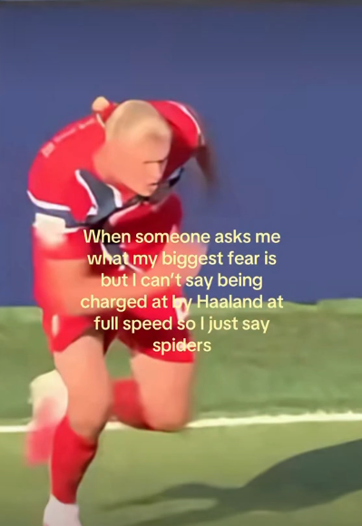 When someone asks me what my biggest fear is but I can't say being charged at by Haaland at full speed so I just say spiders