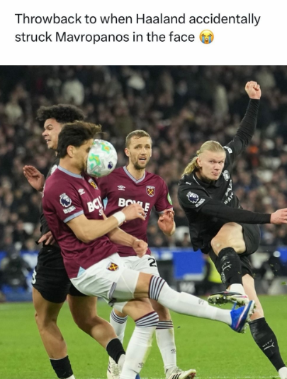 Throwback to when Haaland accidentally struck Mavropanos in the face BC BOYLE