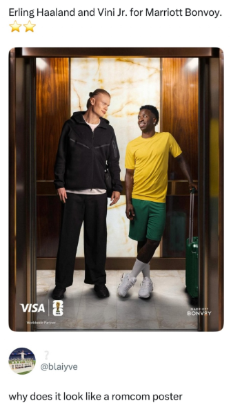 Erling Haaland and Vini Jr. for Marriott Bonvoy. VISA @blaiyve why does it look like a romcom poster MARRIOT BONVOY