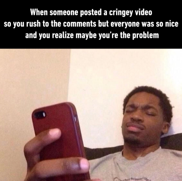 When someone posted a cringey video so you rush to the comments but everyone was so nice and you realize maybe you're the problem