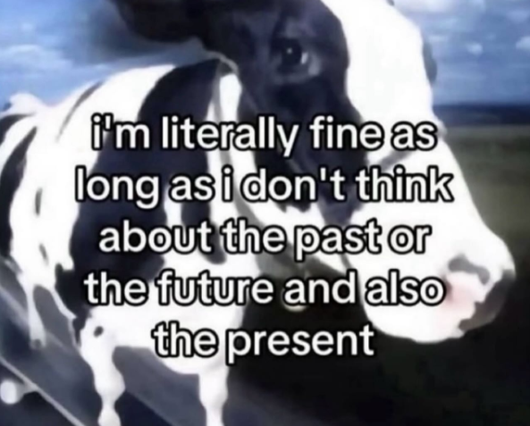 i'm literally fine as long as i don't think about the past or the future and also the present