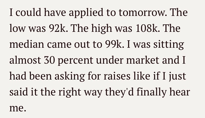 I could have applied to tomorrow. The low was 92k. The high was 108k. The median came out to 99k. I was sitting almost 30 percent under market and I had been asking for raises like if I just said it the right way they'd finally hear me.