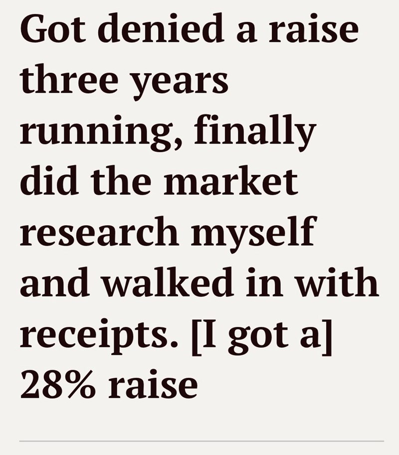 Got denied a raise three years running, finally did the market research myself and walked in with receipts. [I got a] 28% raise