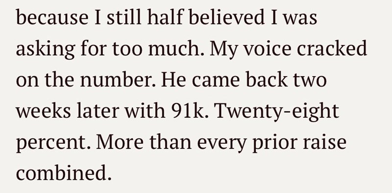 because I still half believed I was asking for too much. My voice cracked on the number. He came back two weeks later with 91k. Twenty-eight percent. More than every prior raise combined.