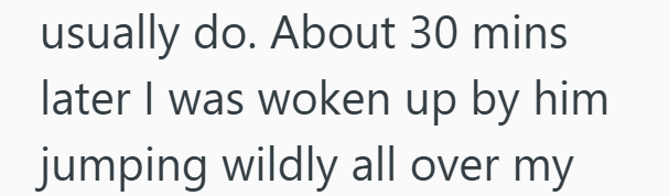 usually do. About 30 mins later I was woken up by him jumping wildly all over my