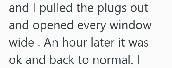 and I pulled the plugs out and opened every window wide. An hour later it was ok and back to normal. I
