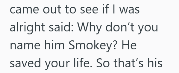 came out to see if I was alright said: Why don't you name him Smokey? He saved your life. So that's his