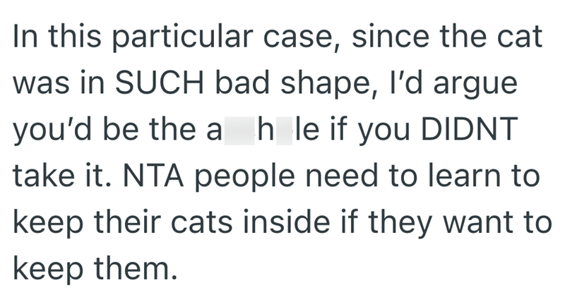 In this particular case, since the cat was in SUCH bad shape, I'd argue you'd be the a hole if you DIDNT take it. NTA people need to learn to keep their cats inside if they want to keep them.