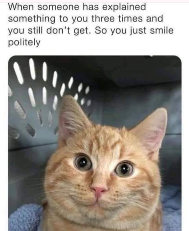 When someone has explained something to you three times and you still don't get. So you just smile politely