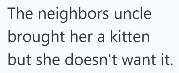 The neighbors uncle brought her a kitten but she doesn't want it.